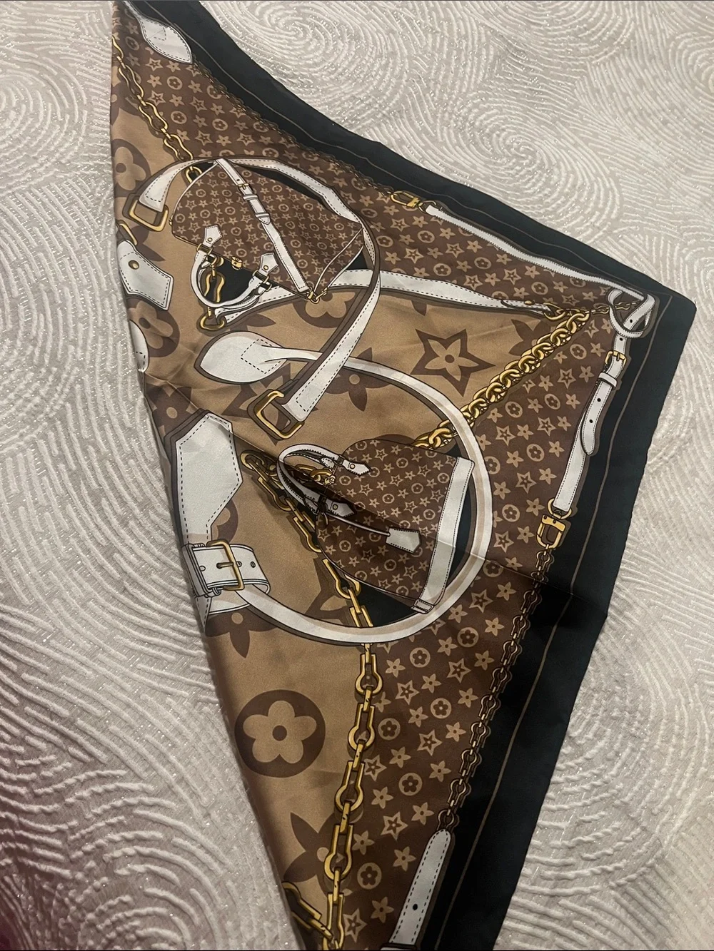 Brown Printed Women's Fashion Scarf with Chain & Bag Motif